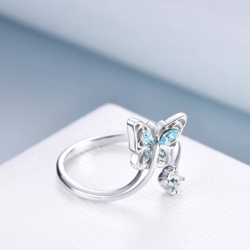 Anillo abierto de mariposa de cristal de plata de ley para mujer-3