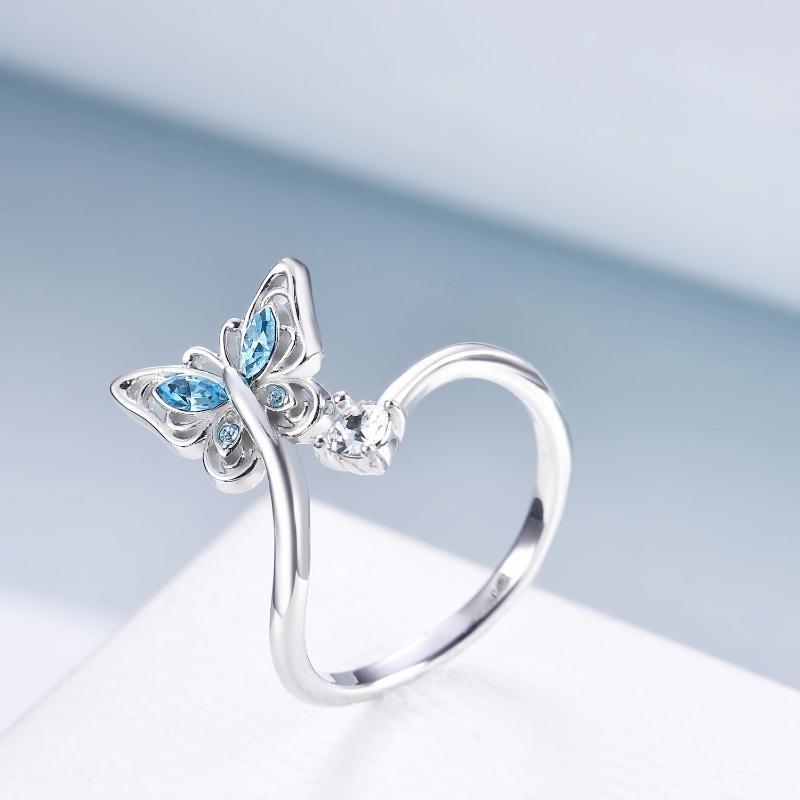 Sterling Silver Crystal Butterfly Open Ring For Women-4