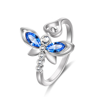 Sterling Silver Circular And Marquise Crystal Dragonfly With Heart Open Ring For Women-5