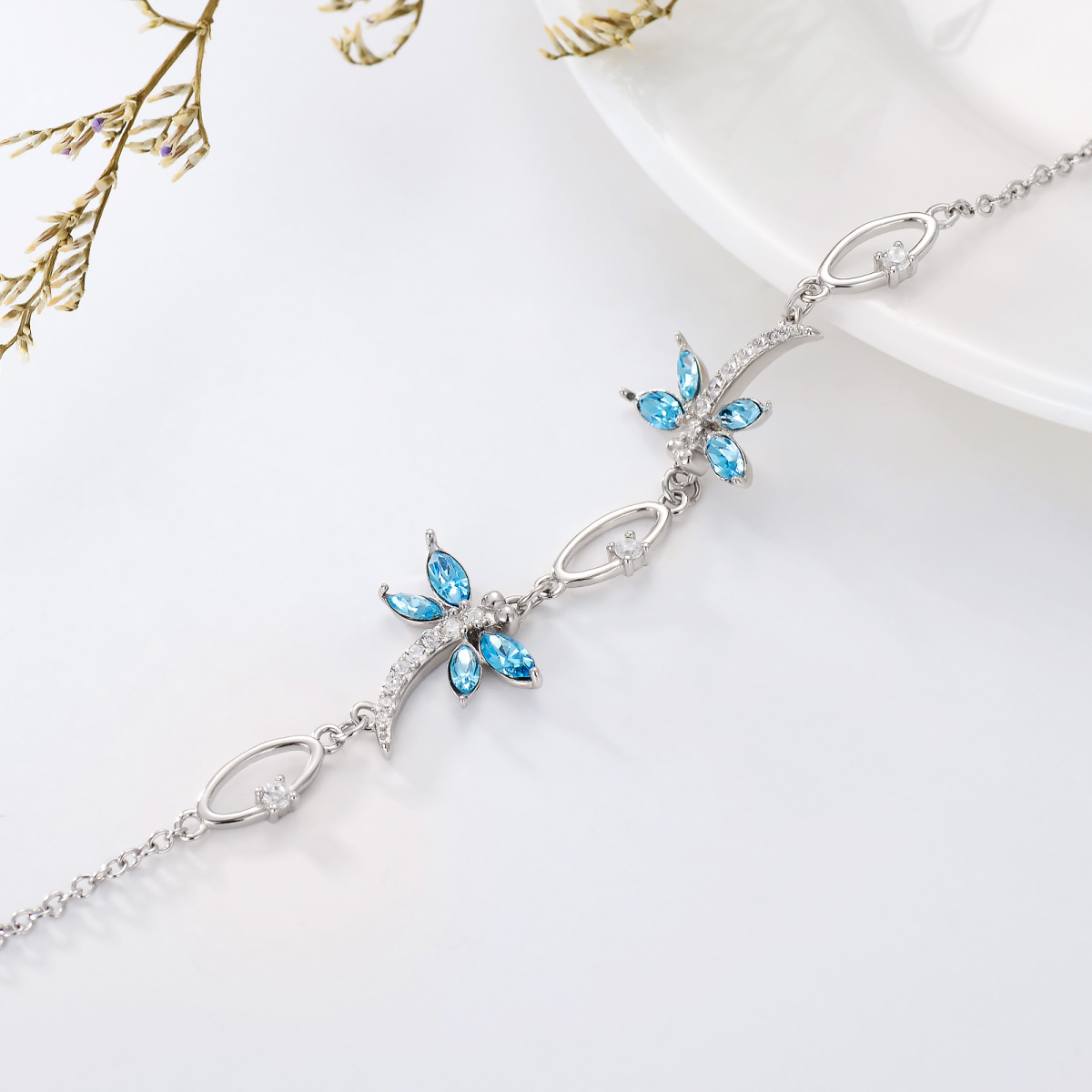 Pulsera con colgante de libélula de plata de ley con cristal marquesa y circonita cúbica para mujer-4