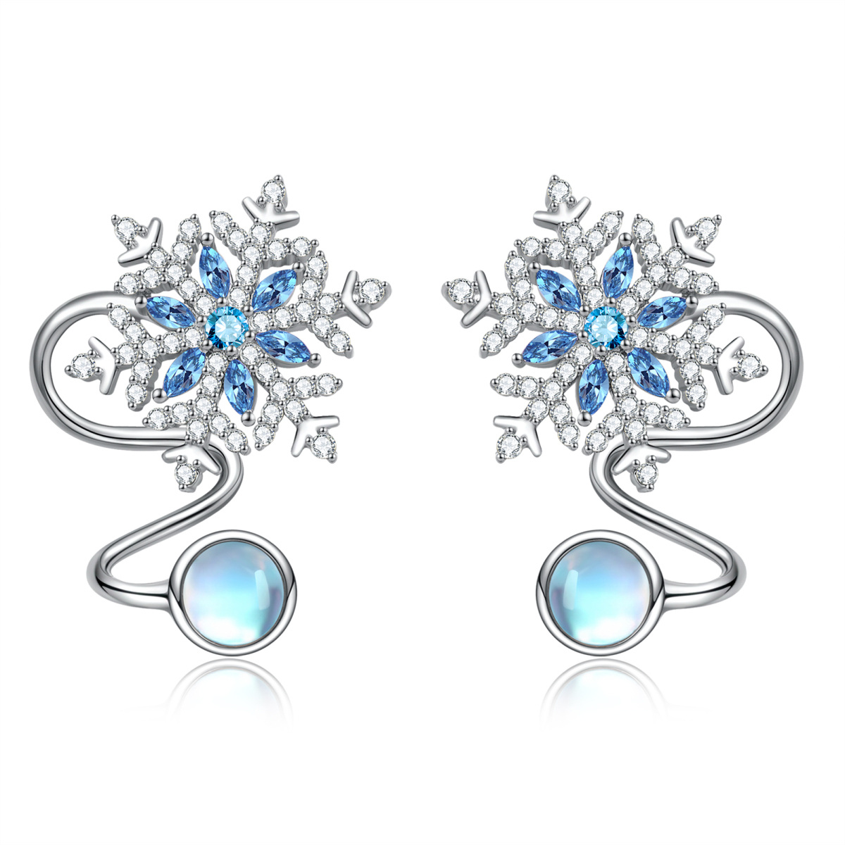 Sterling Silver Circular Moonstone With Cubic Zirconia Snowflake Climber Earrings For Women-1