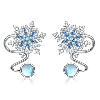 Sterling Silver Circular Moonstone With Cubic Zirconia Snowflake Climber Earrings For Women-3