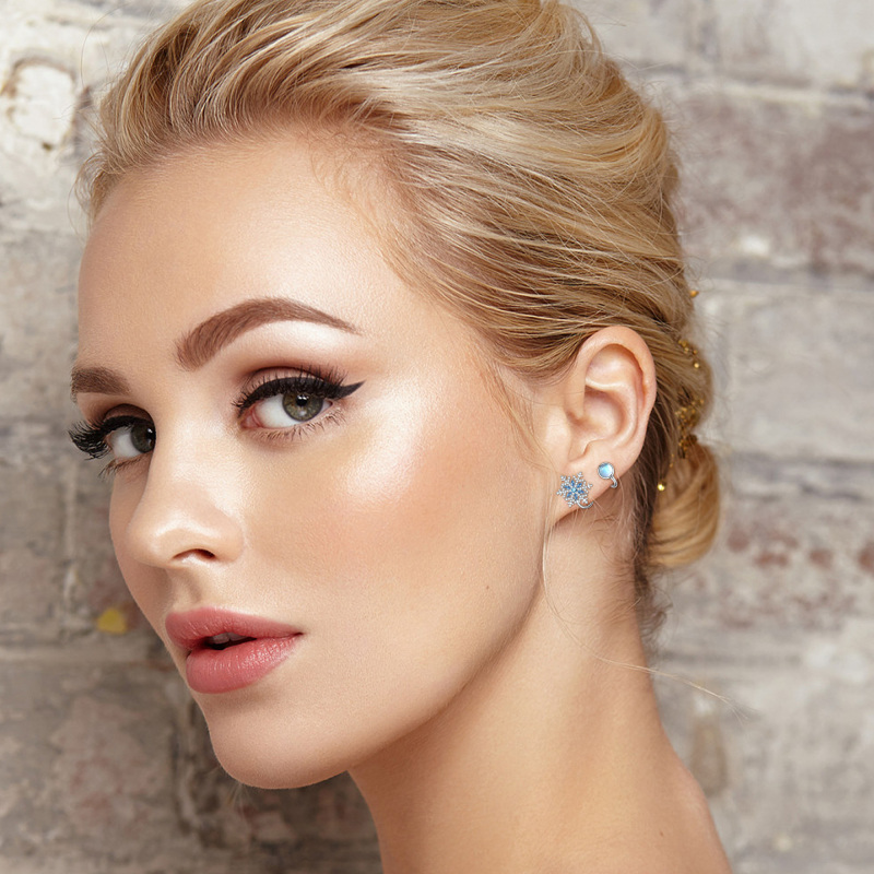 Sterling Silver Circular Moonstone With Cubic Zirconia Snowflake Climber Earrings For Women-2