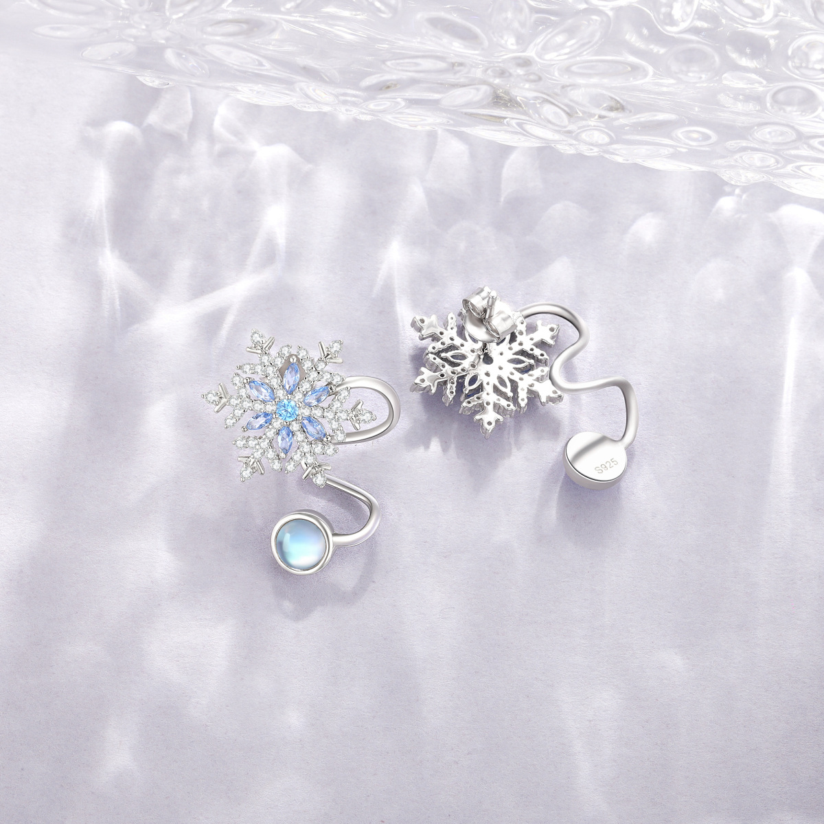 Sterling Silver Circular Moonstone With Cubic Zirconia Snowflake Climber Earrings For Women-3