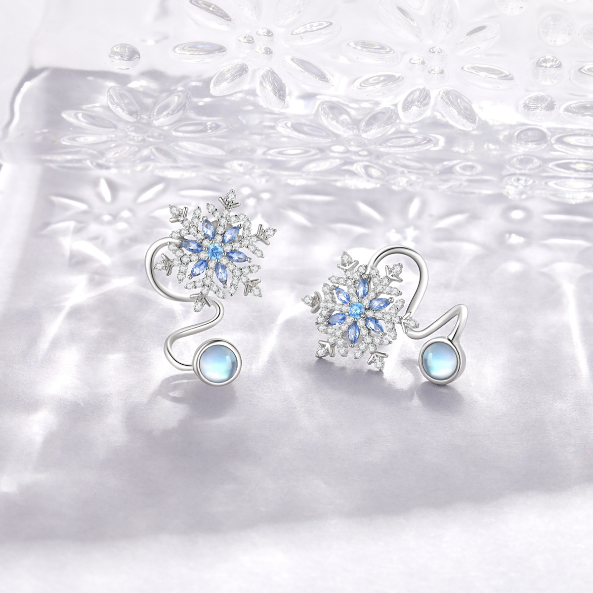 Sterling Silver Circular Moonstone With Cubic Zirconia Snowflake Climber Earrings For Women-4