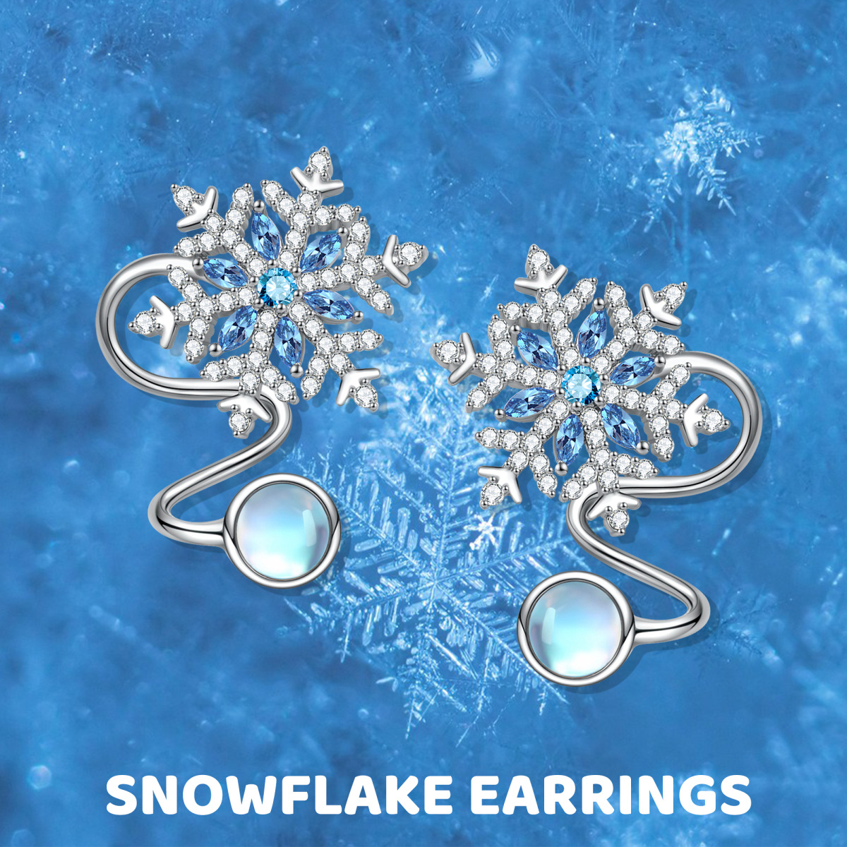 Sterling Silver Circular Moonstone With Cubic Zirconia Snowflake Climber Earrings For Women-6