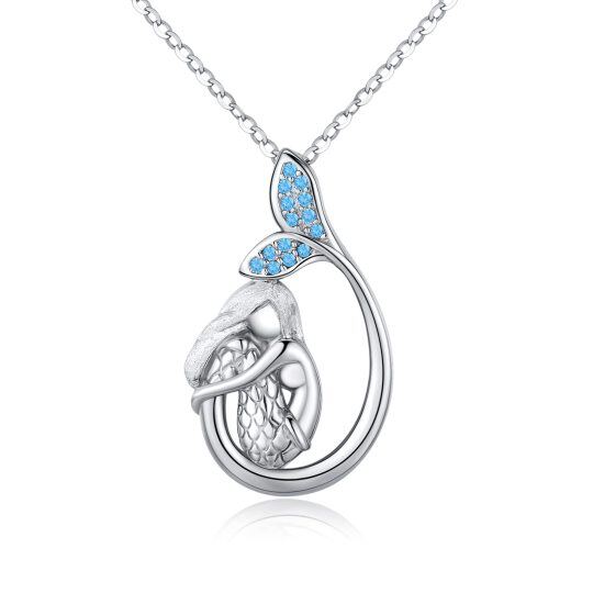 Sterling Silver Circular Shaped Cubic Zirconia Mermaid Pendant Necklace