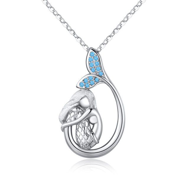 Sterling Silver Circular Shaped Cubic Zirconia Mermaid Pendant Necklace-1