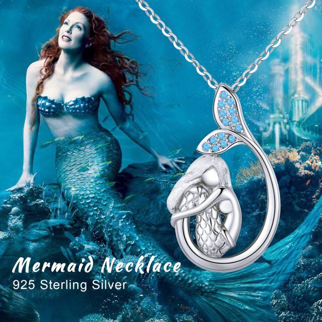 Sterling Silver Circular Shaped Cubic Zirconia Mermaid Pendant Necklace-5