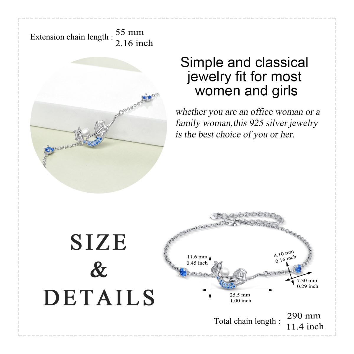 Sterling zilveren cirkelvormige cubic zirkonia zeemeermin enkelvoudige laag enkelbandje-5