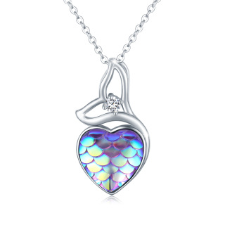 Sterling Silver Circular Shaped Cubic Zirconia Mermaid Tail & Heart Pendant Necklace-5