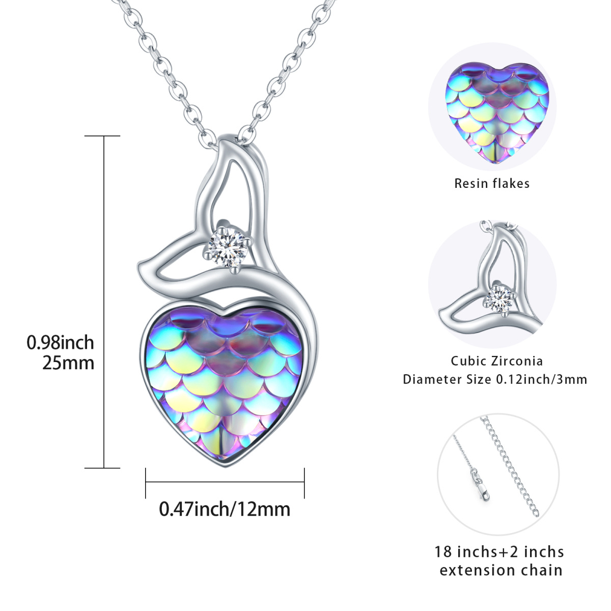 Sterling Silver Circular Shaped Cubic Zirconia Mermaid Tail & Heart Pendant Necklace-5