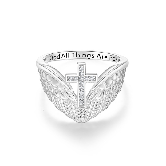 Sterling zilveren cirkelvormige Moissanite Angel Wing Cross verlovingsring