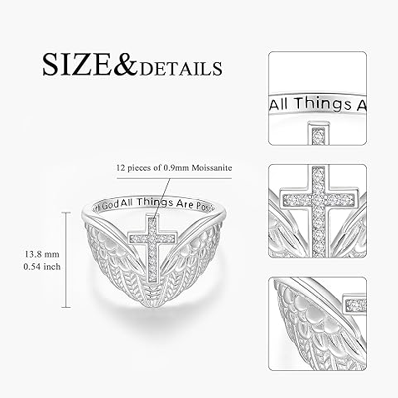 Sterling Silber Kreisförmiger Moissanit Engelsflügel Kreuz Verlobungsring-5