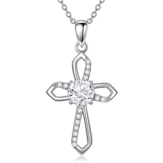 Sterling Silver Circular Shaped Moissanite Ankh & Cross Pendant Necklace-35