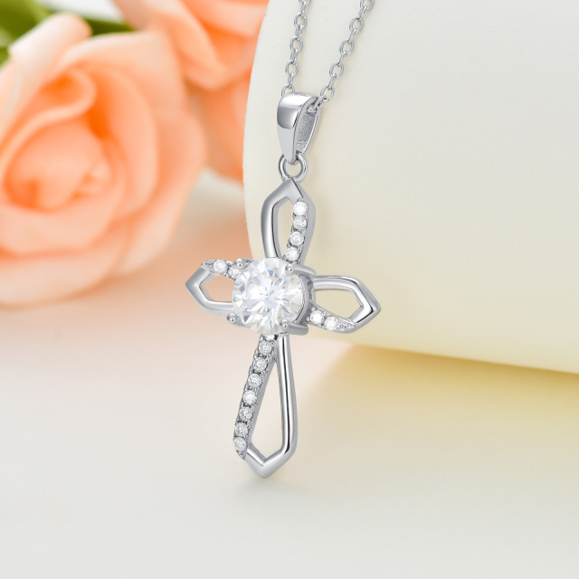 Sterling Silver Circular Shaped Moissanite Ankh & Cross Pendant Necklace-3