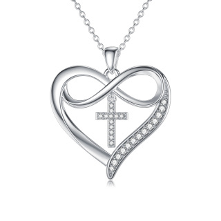 Sterling Silver Circular Shaped Moissanite Cross & Heart Pendant Necklace-4