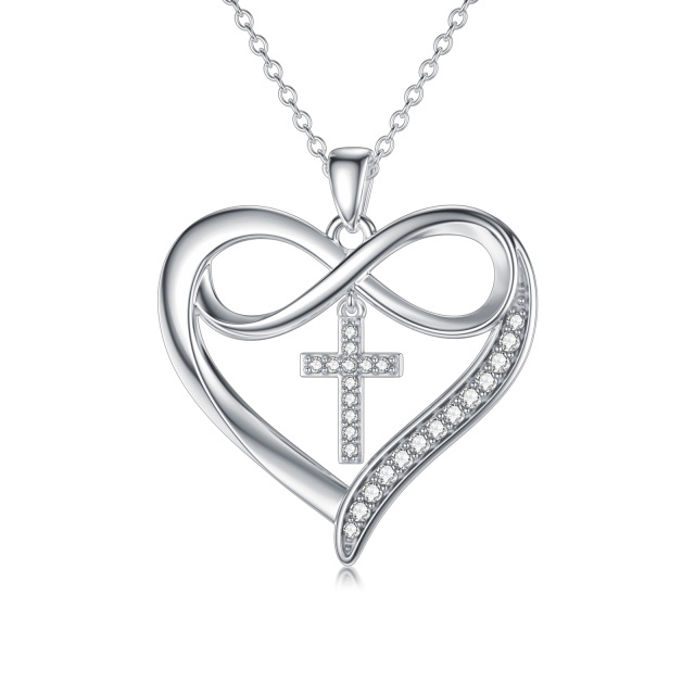 Sterling Silver Circular Shaped Moissanite Cross & Heart Pendant Necklace