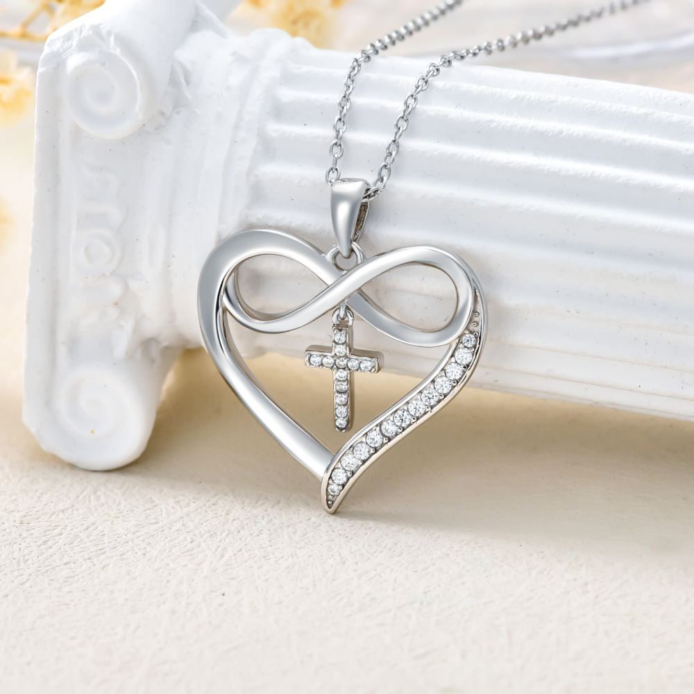 Sterling Silver Circular Shaped Moissanite Cross & Heart Pendant Necklace-3