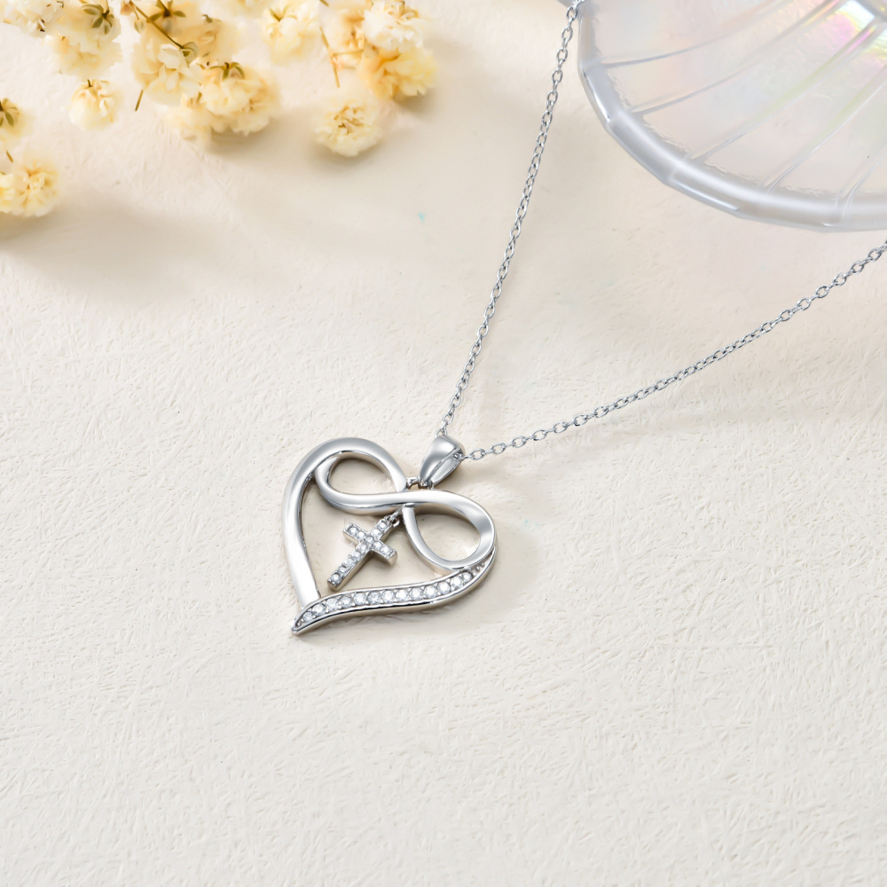 Sterling Silver Circular Shaped Moissanite Cross & Heart Pendant Necklace-4