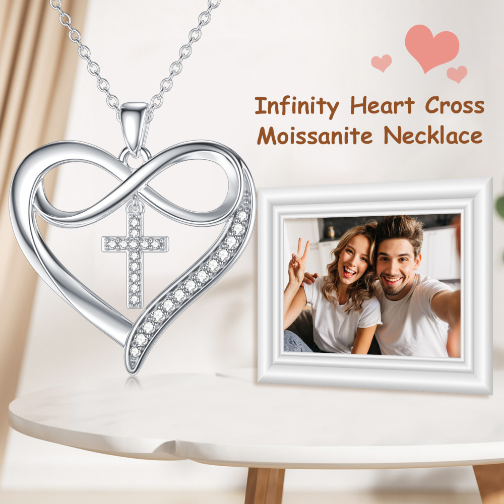 Sterling Silver Circular Shaped Moissanite Cross & Heart Pendant Necklace-6