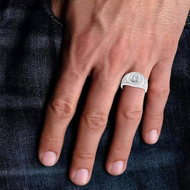 Anillo de compromiso de moissanita con forma circular de plata de ley para hombre-2