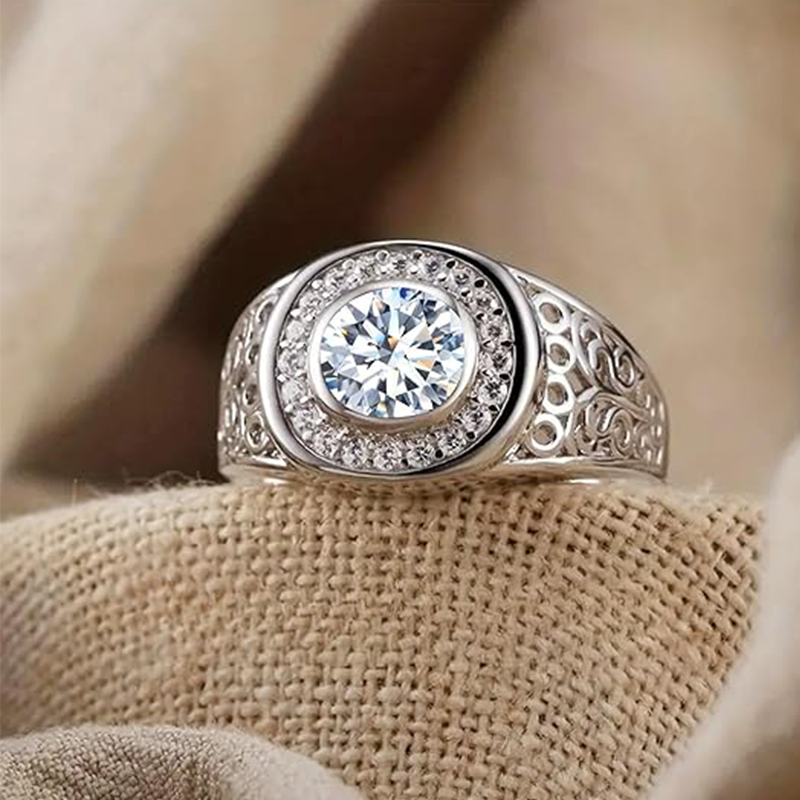 Sterling Silver Circular Shaped Moissanite Engagement Ring for Men-3