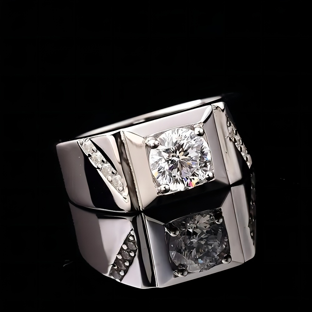 Sterling Silver Round Shaped Moissanite Engagement Ring for Men-4