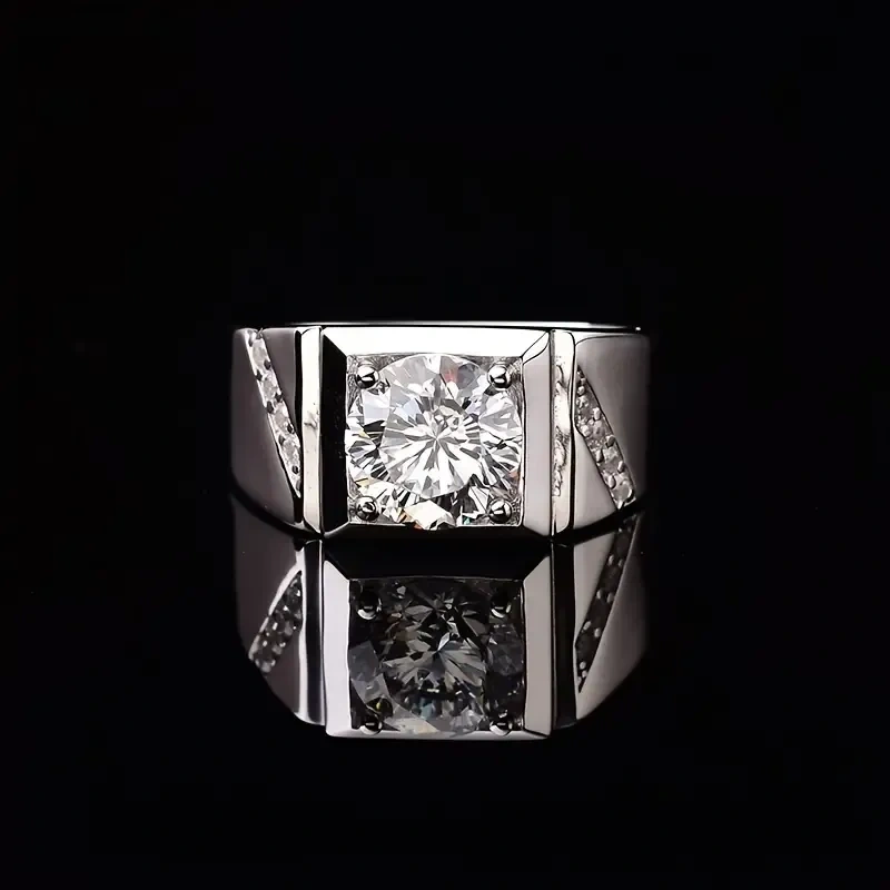 Sterling Silver Round Shaped Moissanite Engagement Ring for Men-5