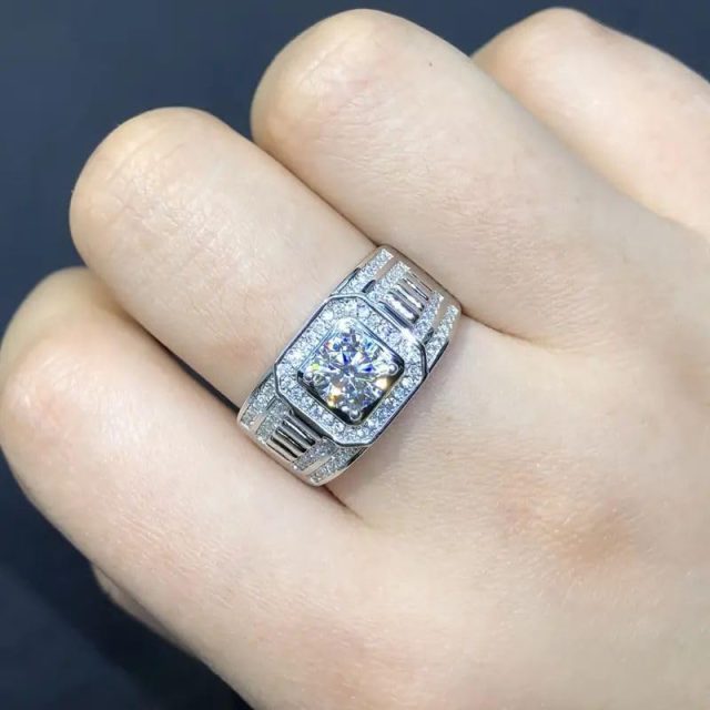 Anillo de compromiso de moissanita con forma circular de plata de ley para hombre-2