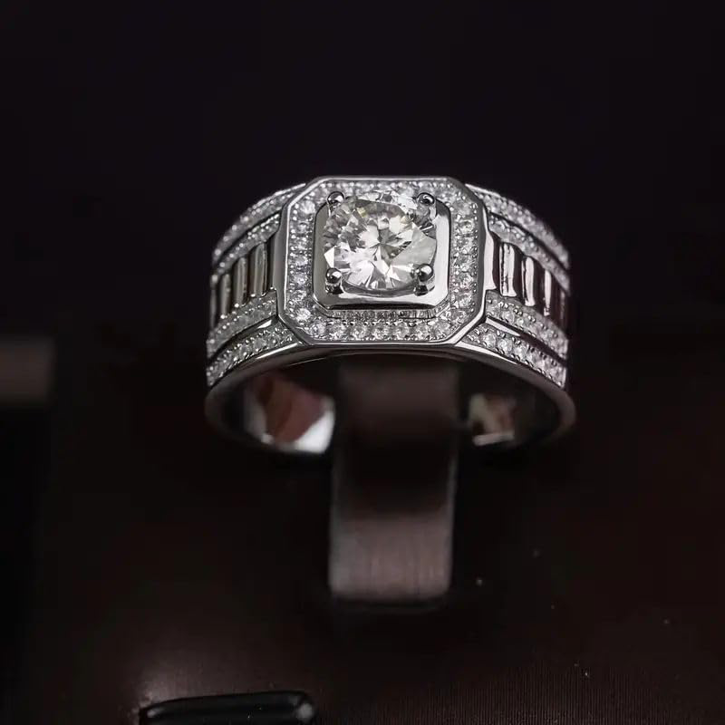 Sterling Silver Round Shaped Moissanite Engagement Ring for Men-4