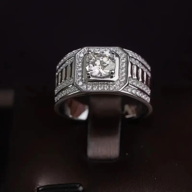 Anillo de compromiso de moissanita con forma circular de plata de ley para hombre-4