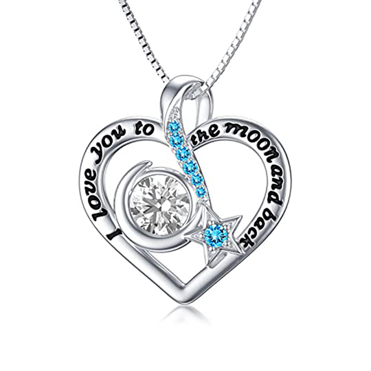 Sterling Silver Circular Shaped Cubic Zirconia & Moissanite Heart Pendant Necklace with Engraved Word