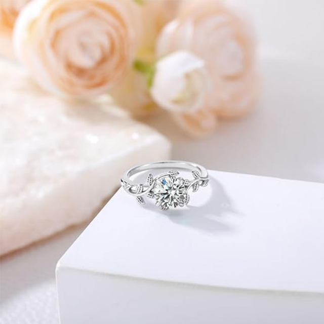 Anello di fidanzamento con foglie di moissanite a forma circolare in argento sterling-3