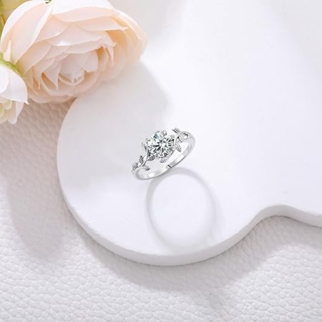 Sterling Silver Circular Shaped Moissanite Leaves Engagement Ring-4