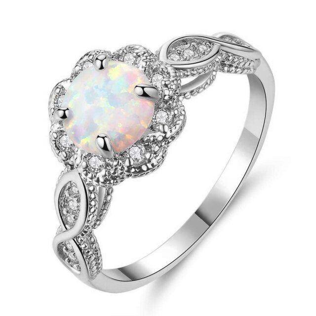 Sterling Silver Circular Shaped Moissanite & Opal Couple Wedding Ring-1