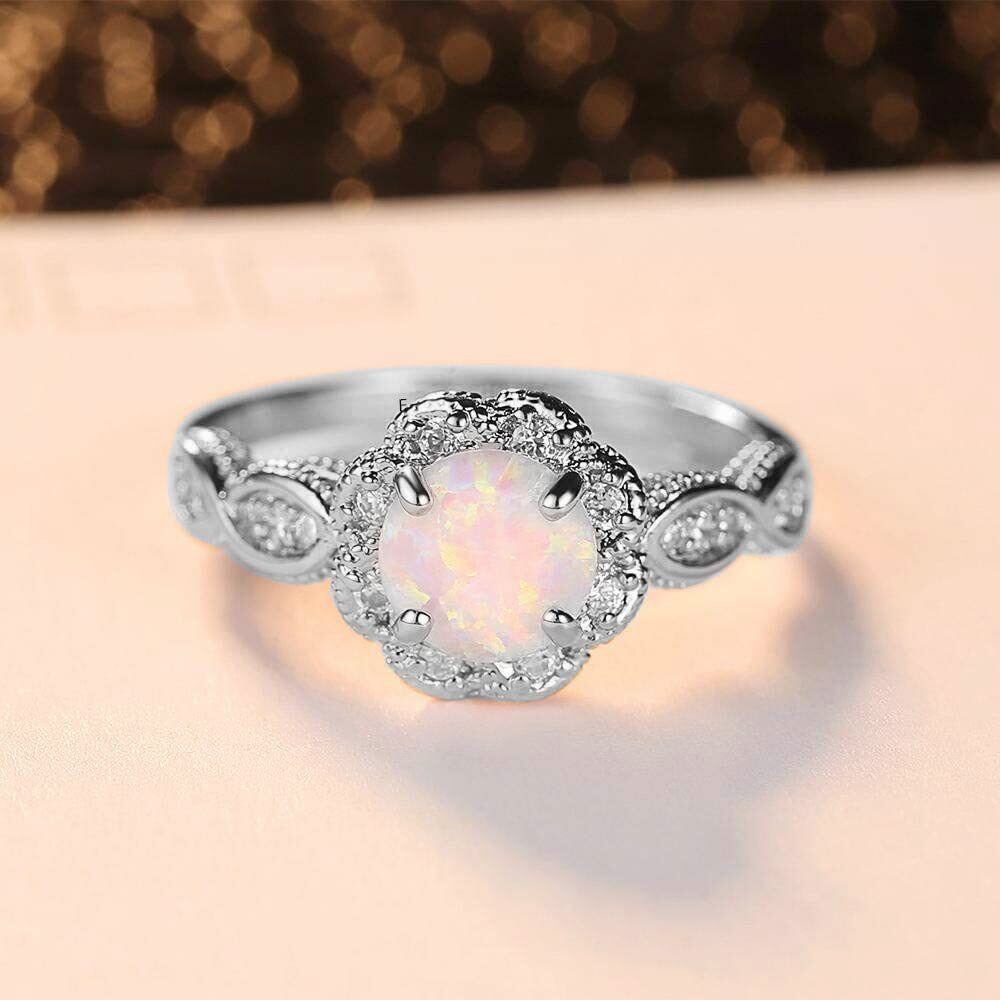 Sterling Silver Circular Shaped Moissanite & Opal Couple Wedding Ring-2