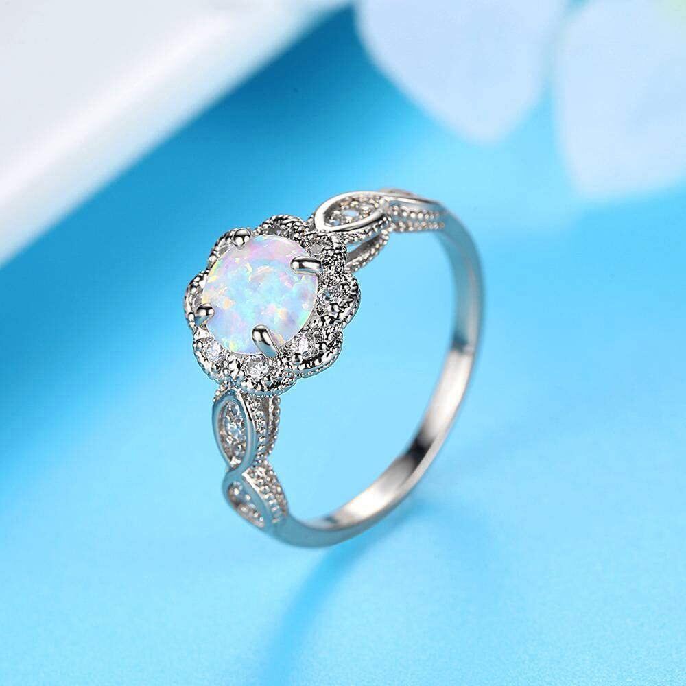 Sterling Silver Circular Shaped Moissanite & Opal Couple Wedding Ring-3