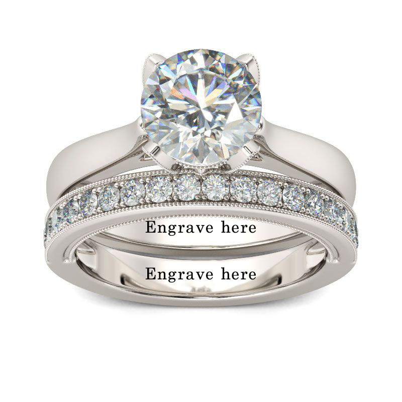 Sterling Silver Circular Shaped Moissanite Personalized Engraving & Round Engagement Ring-1