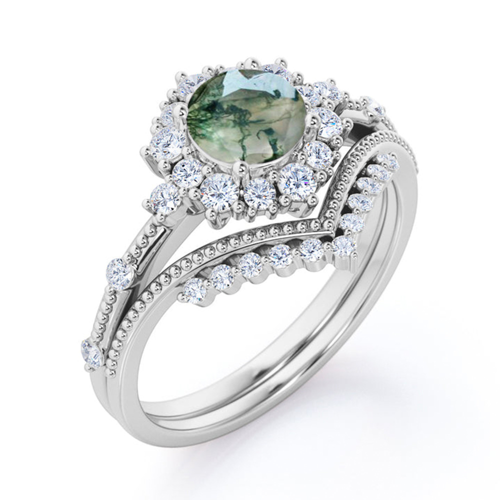 Moissanite circular de prata esterlina e anel de casamento de casal de girassol com gravaç-2