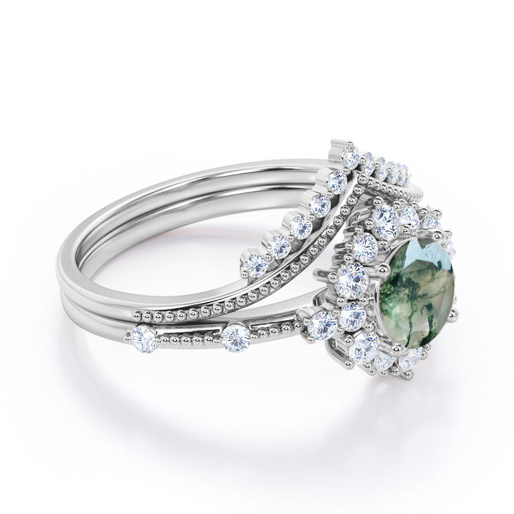 Moissanite circular de prata esterlina e anel de casamento de casal de girassol com gravaç-3