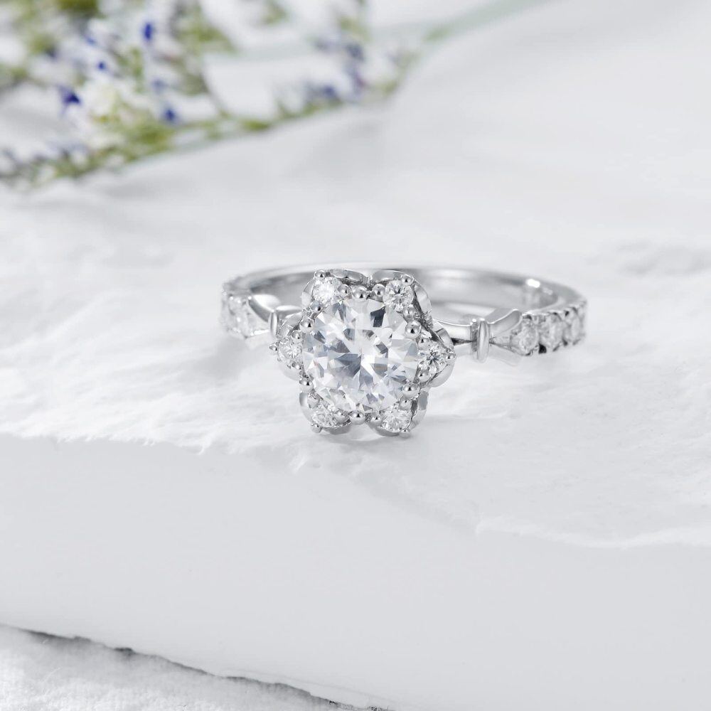 Sterling Silver Round Shaped Moissanite & Personalized Engraving Sunflower Engagement Ring-3