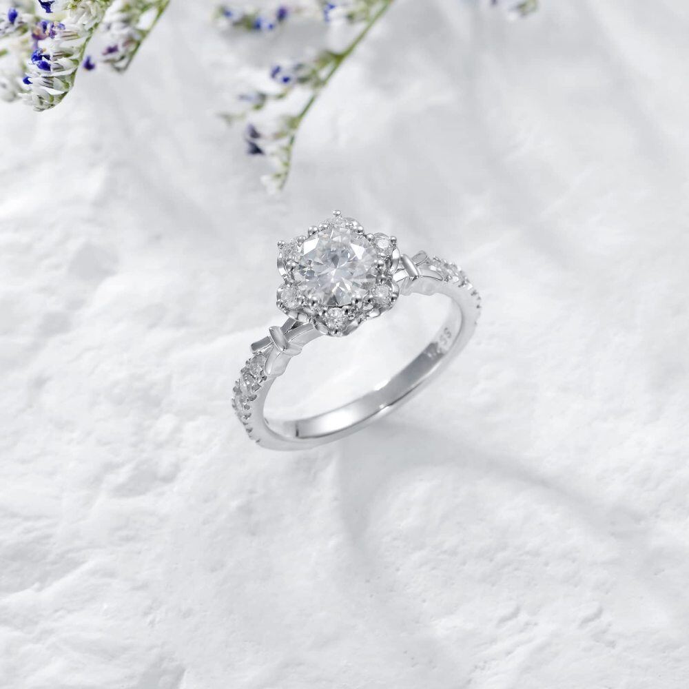 Sterling Silver Round Shaped Moissanite & Personalized Engraving Sunflower Engagement Ring-4