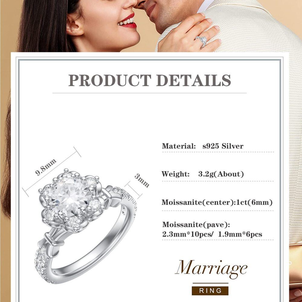 Sterling Silver Round Shaped Moissanite & Personalized Engraving Sunflower Engagement Ring-5