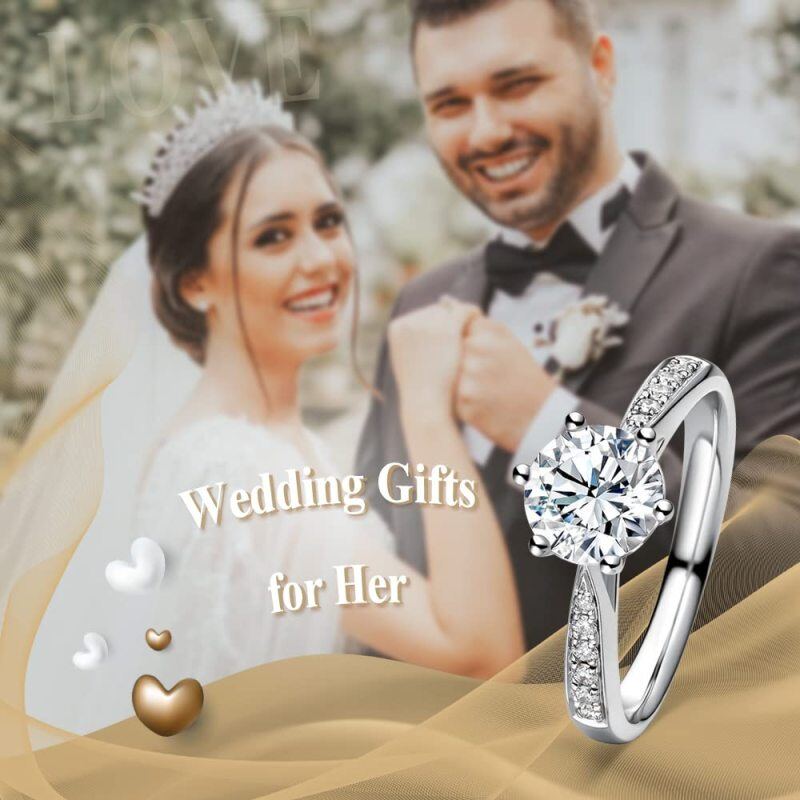 Sterling Silver Round Shaped Moissanite Personalized Engraving Wedding Ring-4