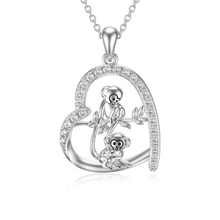 Sterling Silver Circular Shaped Cubic Zirconia Monkey & Heart Pendant Necklace-46