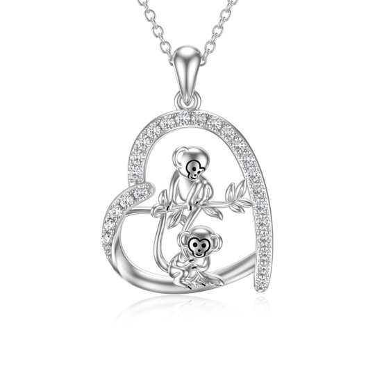 Sterling zilveren cirkelvormige cubic zirkonia aap en hart hanger ketting