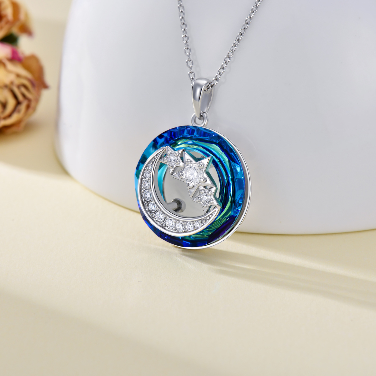 Sterling Silver Circular Shaped Moon Crystal Pendant Necklace-3