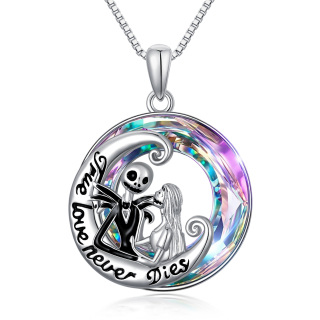 Sterling Silver Circular Shaped Moon & Skeleton Crystal Pendant Necklace with Engraved Word-2