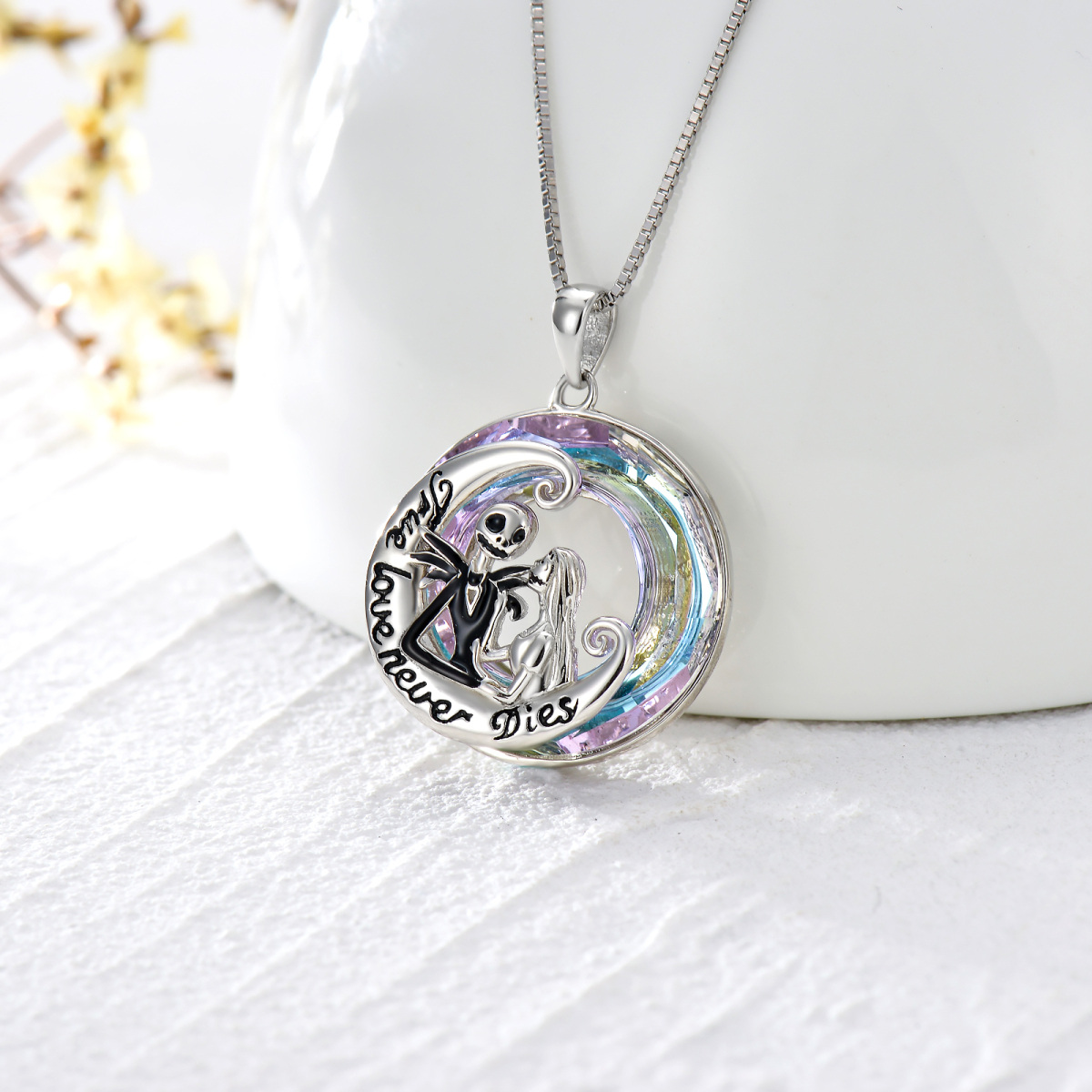 Collar colgante de plata de ley con forma circular de luna y esqueleto de cristal con pala-3